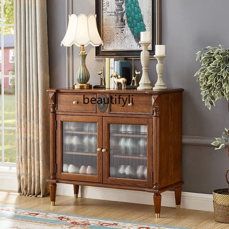 

New Chinese style all solid wood dining side cabinet ash wood double door locker simple wall side cabinet