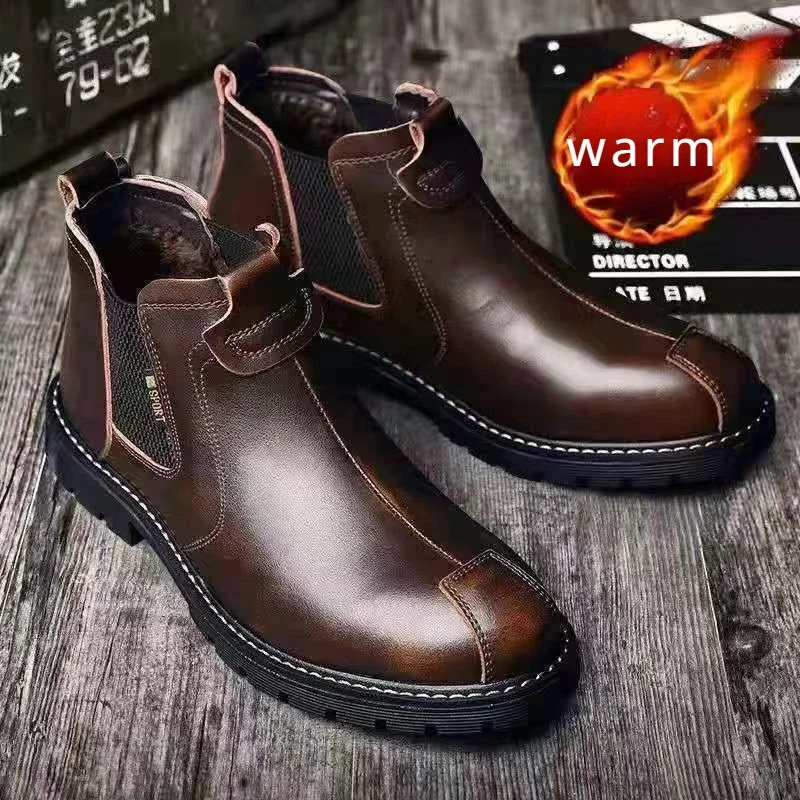 Men\'s High-top Leather Shoes Winter Fashion Retro Tooling Boots Casual Leather Boots Comfortable Wear-resistant Motorcycle Boots