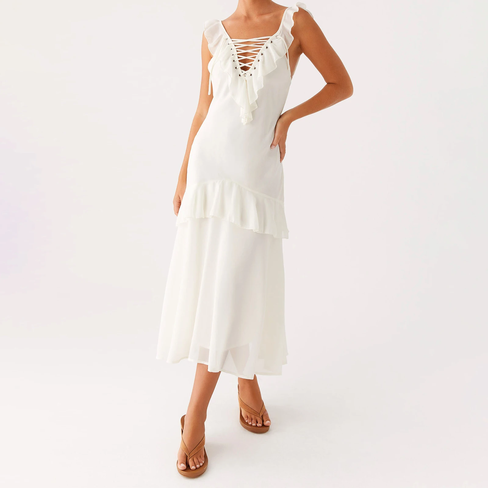 Abito sottoveste da donna senza maniche con scollo a V senza schienale increspato abito lungo estivo per vacanze al mare festa estiva abbigliamento quotidiano streetwear