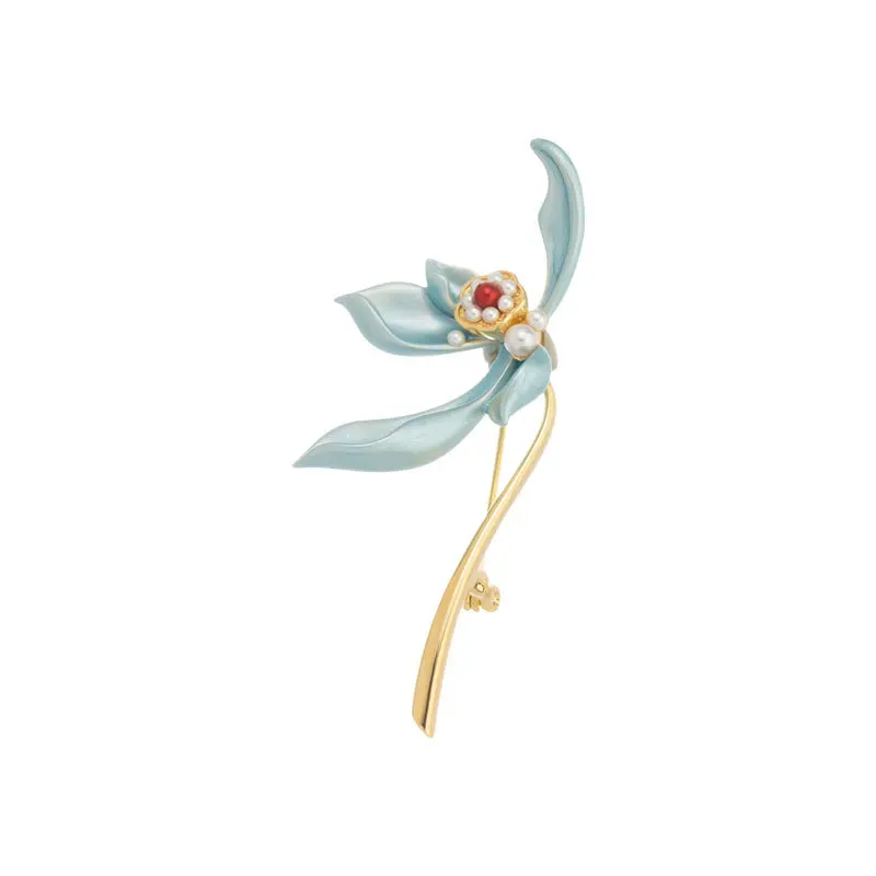 

Elegant Sway Blue Enamel Iris Flower Brooch Pin with Pearl Accent