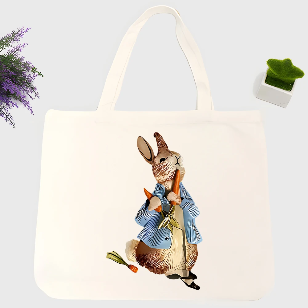 Women's canvas tote bag with rabbit and carrot graphic, casual style for daily shopping and weekend outings