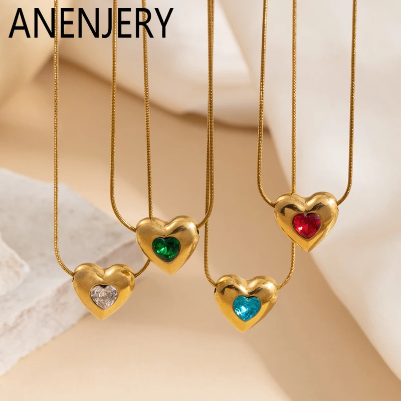 ANENJERY 316L Stainless Steel Heart Colorful Zircon Necklace For Women Simple French Snake Bone Chain Jewelry Gifts Wholesale