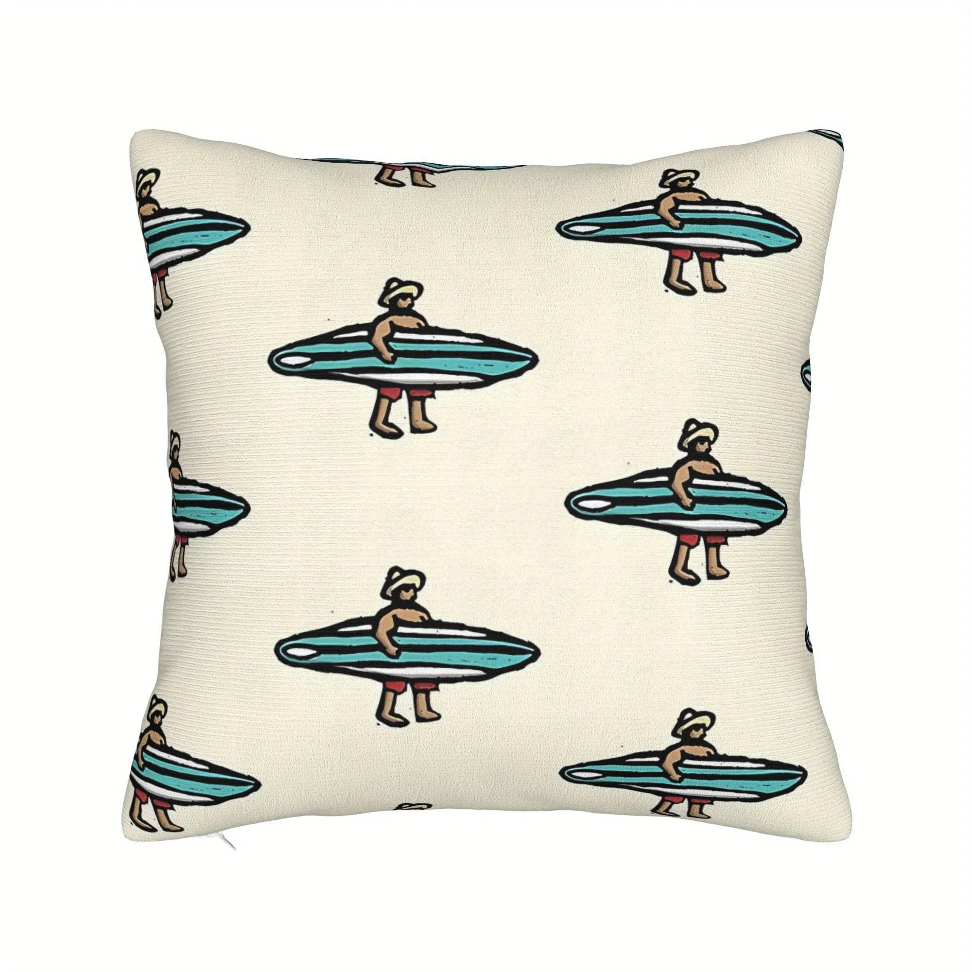 1pc Surfer Print Pillow Cover 45x45cm – Cream Polyester Zipper, Machine Washable, Beach Theme Decor for Sofa/Living Room