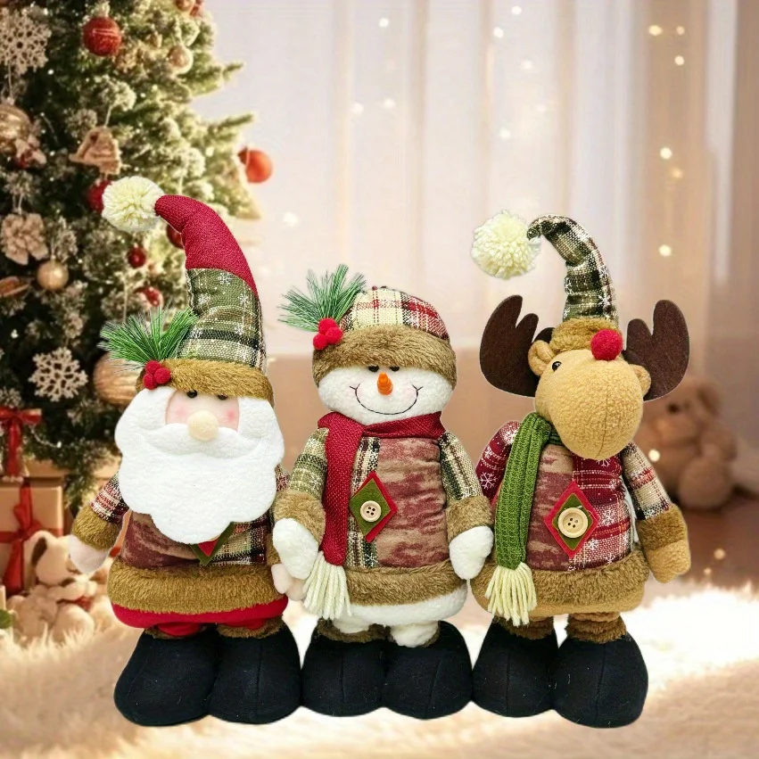 1/3pcs Festive Christmas Decorations Elegant Plaid Santa,Snowman, and Reindeer Figurines - Perfect for Home,Store Window Display