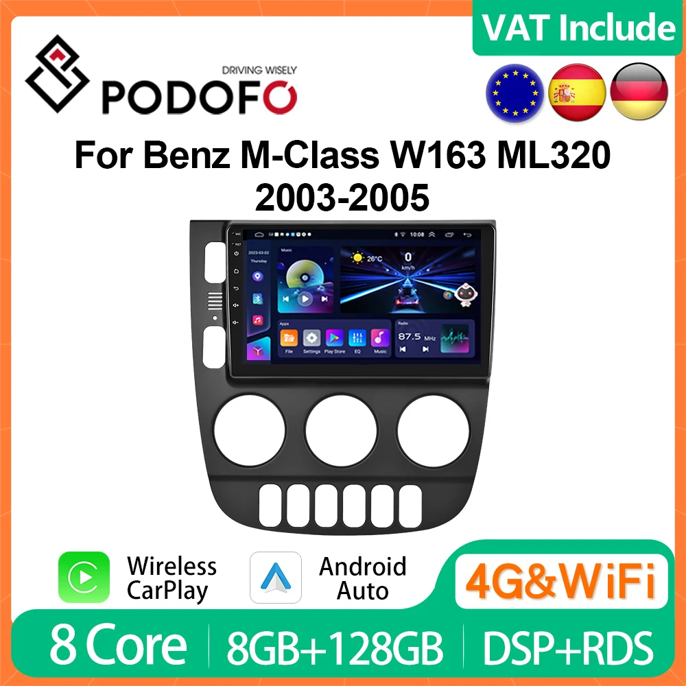 Podofo Android CarPlay For Benz M-Class W163 ML320 03-05 9-inch Car Radio Multimedia Player 2din Head Unit HiFi DSP GPS Stereo