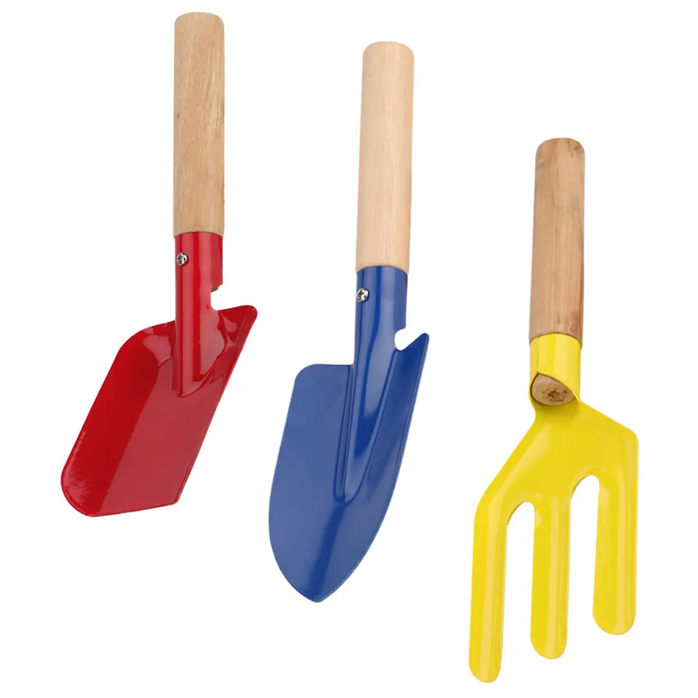 

3pcs Garden Tool Set Wooden Handle Blue Trowel Red Spade Cultivator Hand Tools Digging Planting Soil Work Lightweight Compact
