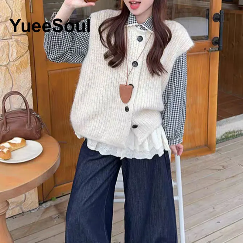 Colete feminino branco sem mangas malha cardigan colete 2025 inverno novo y2k doce high street casual streetwear colete feminino