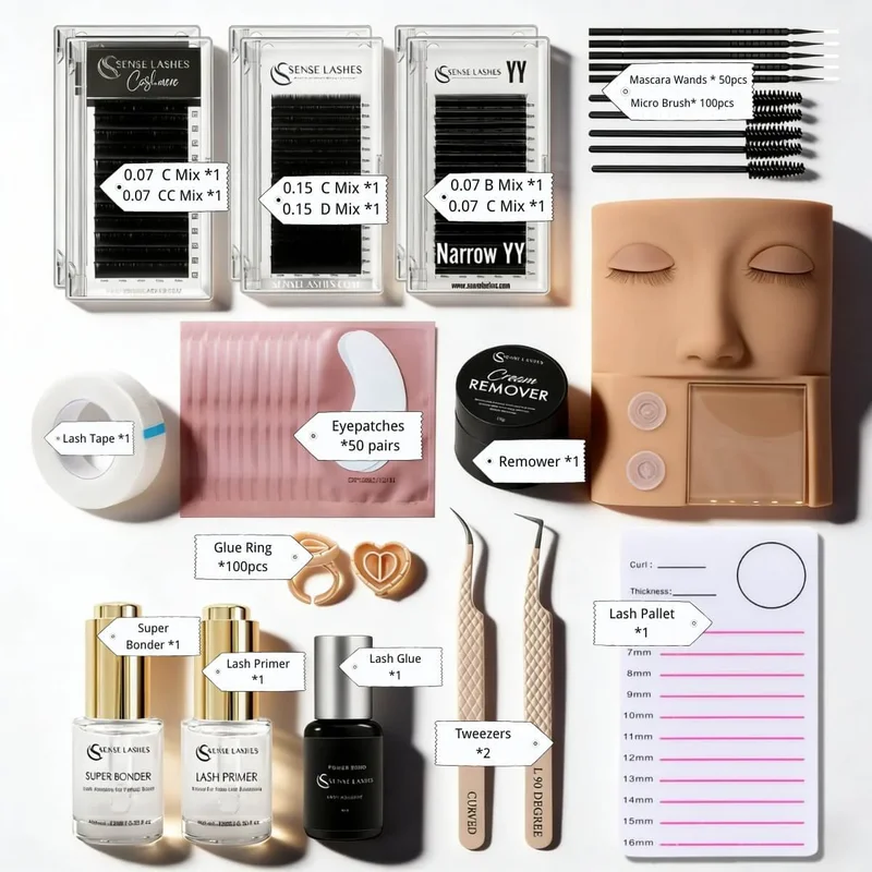 SENSE LASHES Eyelash Extension Kit for Beginner Mannequin Head Lash Brush Tweezers Lashes Pad Storage Accessories Makeup Tool