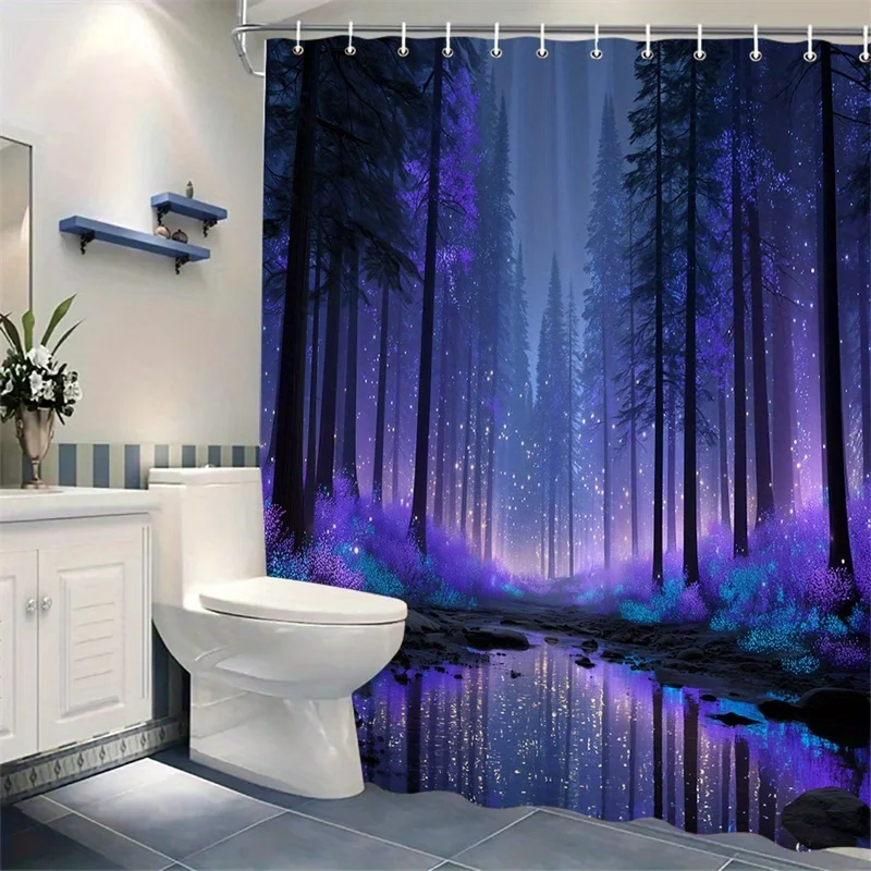 Deep Forest Glow Shower Curtain Waterproof Bathroom Decor Mystic Woodland Shower Curtain Liner Purple Night Sky Fantasy Scenery