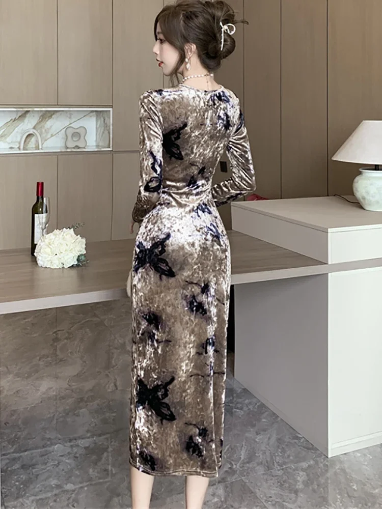 2026 International Brand Dresses Women Print Flannel V-Neck Sexy Long Dress  Autumn Winter Korean Vintage Elegant One Piece Dress - AliExpress 200000345