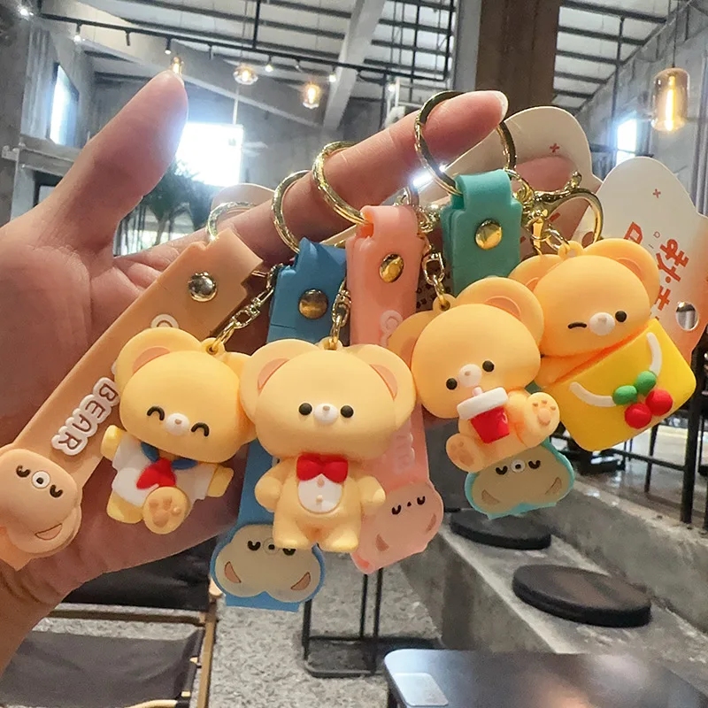 Cute Cartoon Energetic Bear Keychain Car Key Ring Fun Couple Pendant Backpack Decoration Charms Holiday Birthday Small Gift