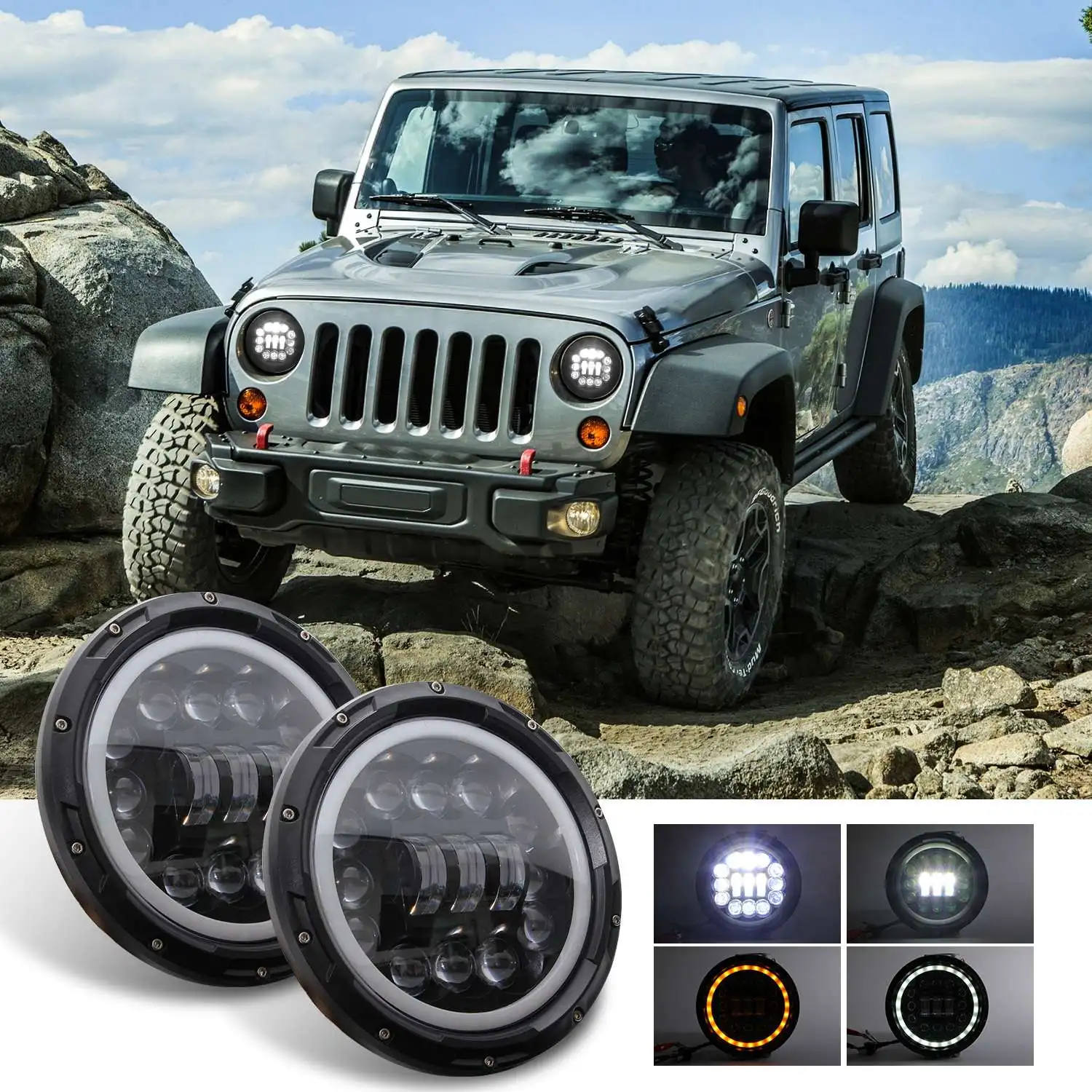 Leading-H4 400W 7Inch LED Head Light Lamp With For Lada Niva Urban 4X4 Samurai For Jeep Wrangler Off Road