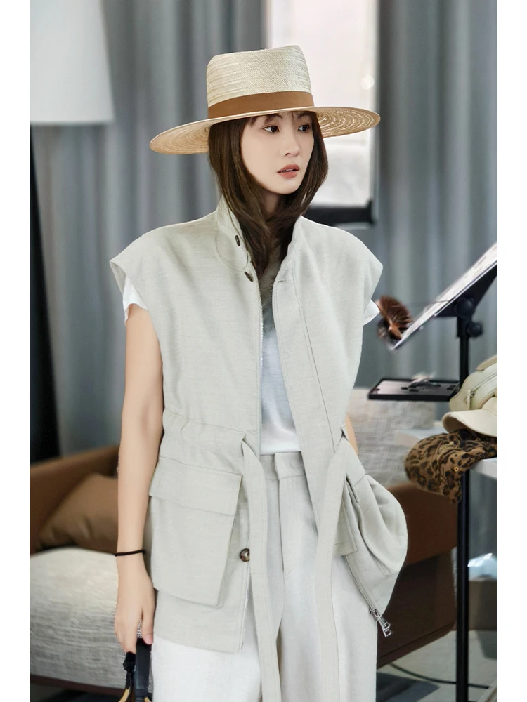 

Летний топ Meiyang Simple Zipper Buttonl Svel Vest Tea Rice из полиэстеровой смеси, приталенный, для похудения, стандартный крой