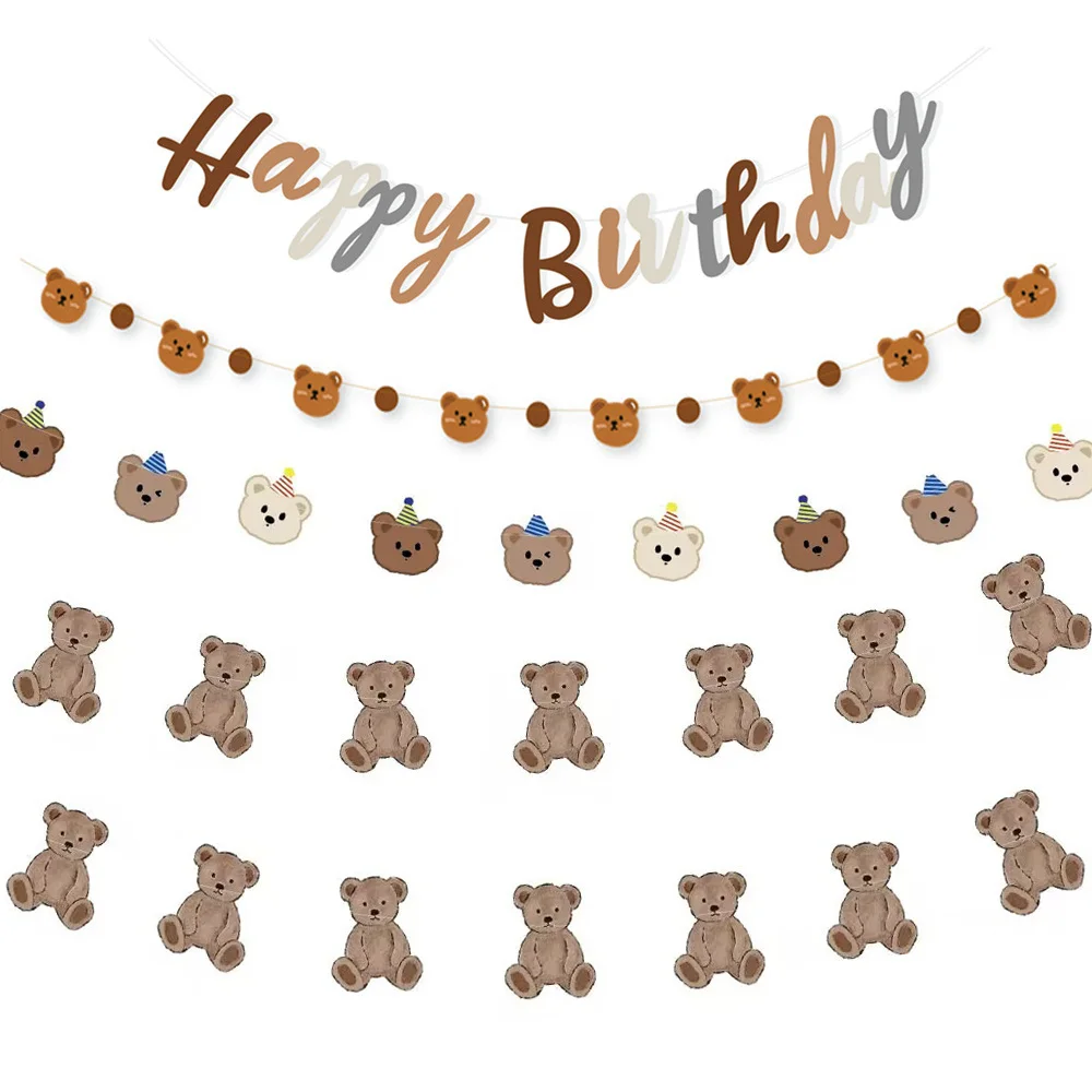 1set Vintage Letter Foil Balloon Paper Bear Banner Straws Candy Box For Kids Bear Happy Birthday Party Decorations Gifts Supply