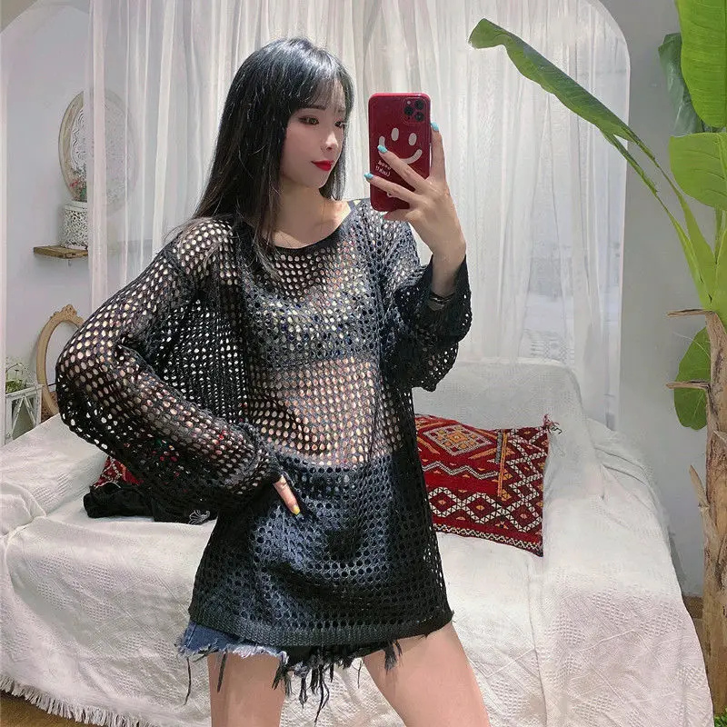 Moda O-Collo lavorato a maglia tinta unita scava fuori camicette abbigliamento femminile 2025 primavera estate nuove magliette coreane allentate camicie casual