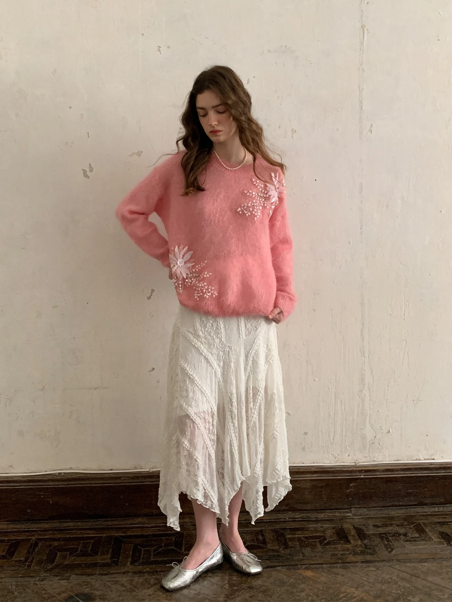 

White Asymmetrical Lace Skirt Women's A-Line Long Skirt Spring Season Casual High Waist Dra n Sle Korean Fa...