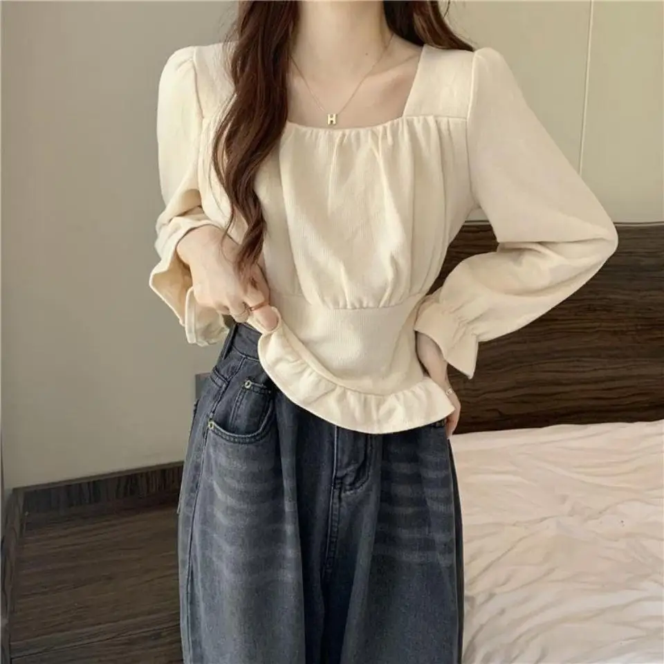 

Women's Long Sve irt with a Fem Touch Square Collarbone Design Commute Sle Pure Color Polyester Fiber 2025 Spring