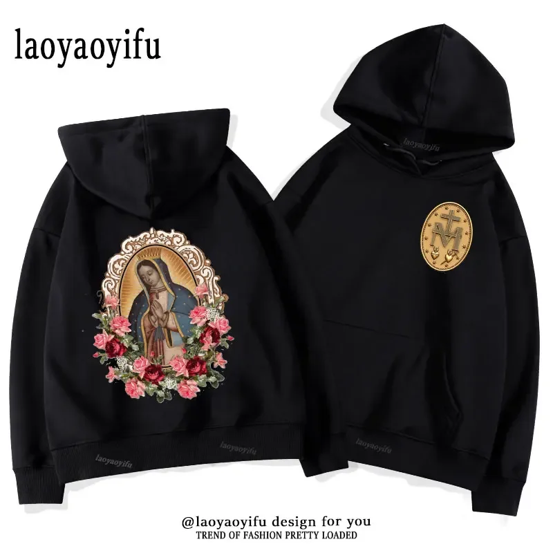 Vintage Our Lady of Guadalupe Virgin Mary The Madonna Religious Graphic Hoodie Hip Hop Autumn and Winter Keep Warm Hoodies