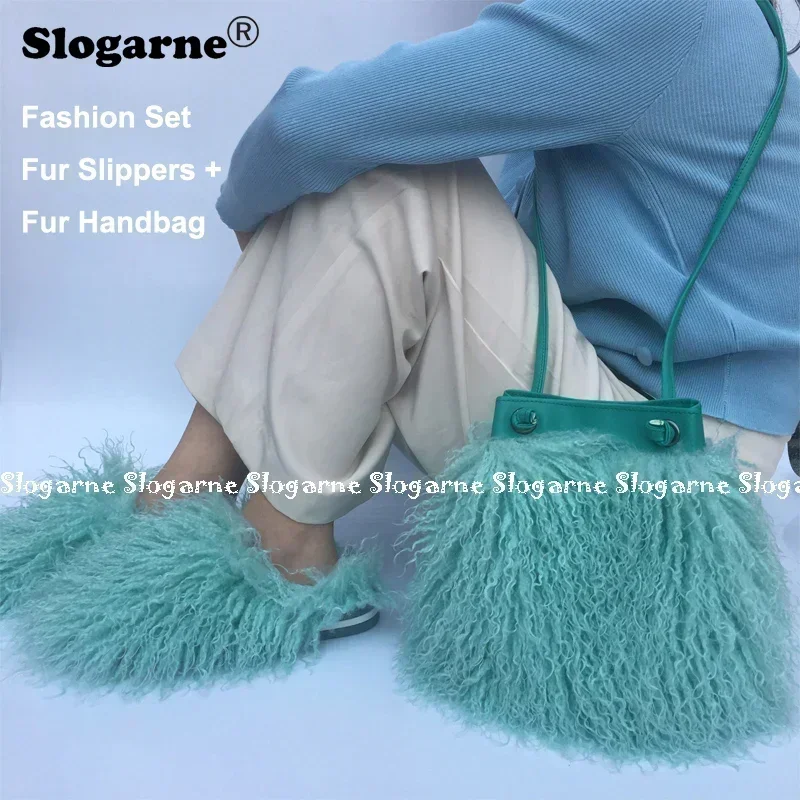 Hot Sale Spring Teddy Fur Slides Mongolian Faux Fur Slippers Women Fashion Suit Mongolian Bag Sets Ladies Luxury Fluffy Handbags