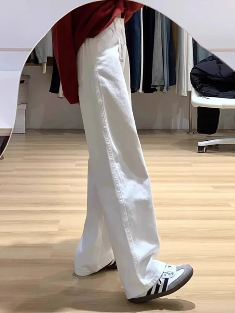 

Прямые белые джинсы с высокой талией, женские осенние новые драпированные брюки небольшого размера, широкие брюки длиной до пола