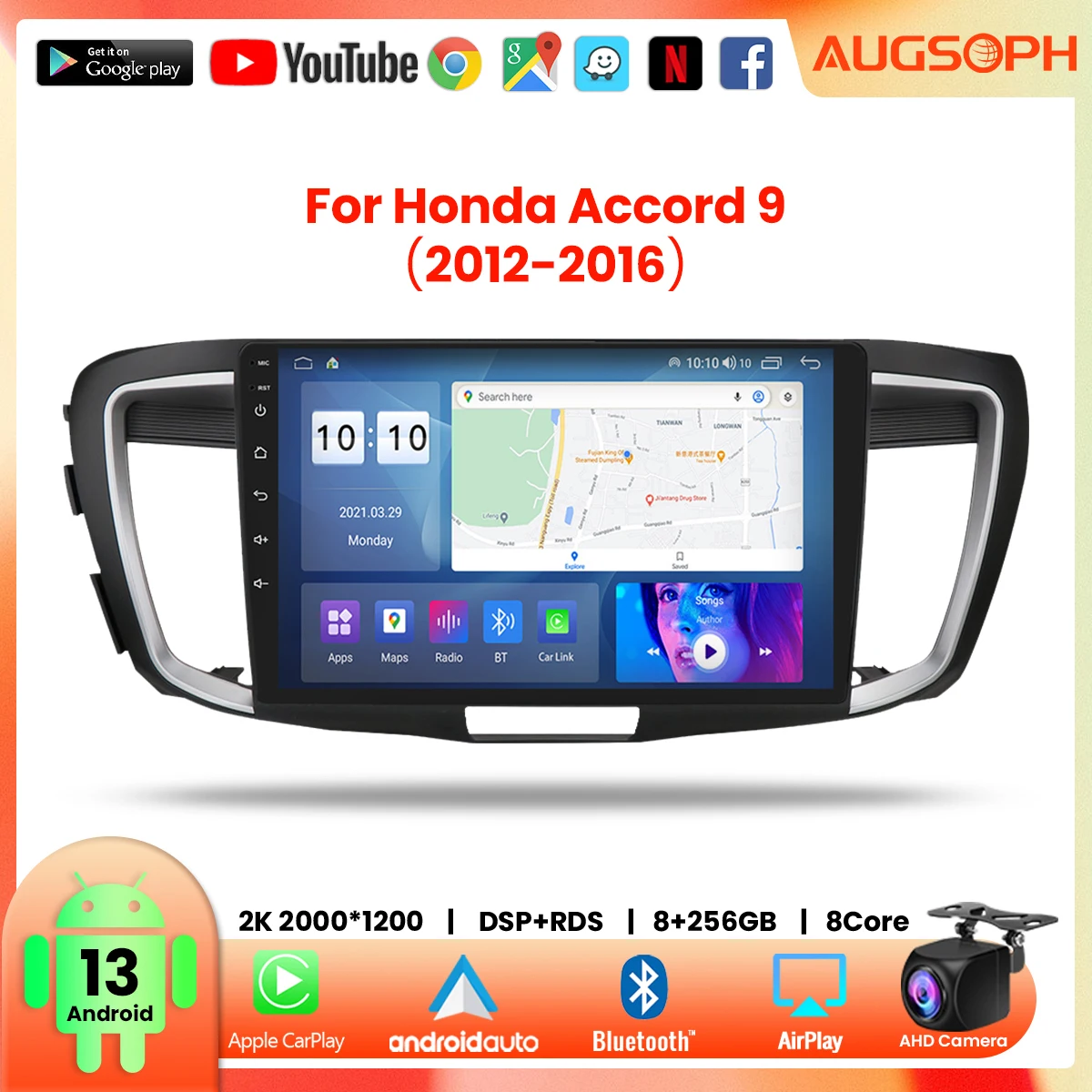 

Android 13 Car Radio For Honda Accord 9 2.0L 2.4L 2012-2018, 10inch 2K Multimedia Player With 4G Car Carplay & 2Din GPS