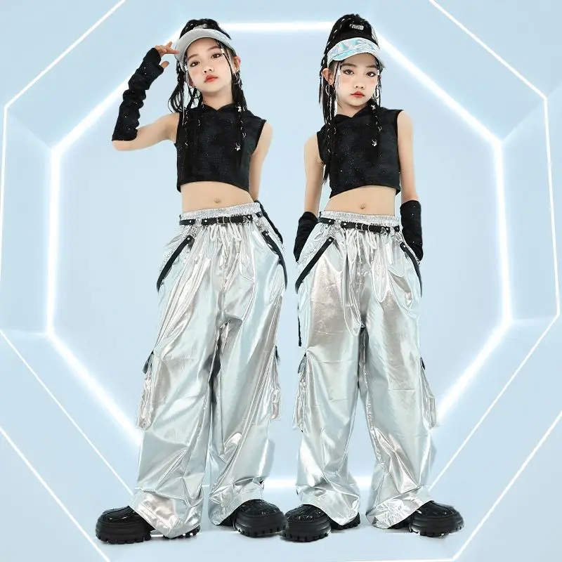 Kids Hip Hop Clothing Kpop Outfit Stage Street Dance Clothes Black T Shirt Silver Pants For Girls Jazz Dance Costumes