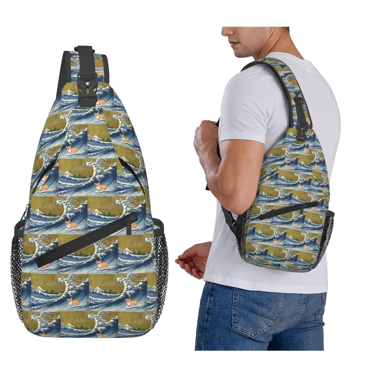 

Corgi Dog Surfing The Great Wave Chest Bag Men Sling Crossbody Backpack Chest Bag Travel Hiking Daypack Shoulder Bag
