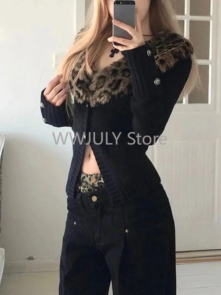 Gyaru-المرأة اليابانية ليوبارد كارديجان ، V-neck ، طويلة الأكمام ، الشارع الشهير ، ضئيلة ، مثير ، سترة خمر ، Y2K أعلى ، الخريف