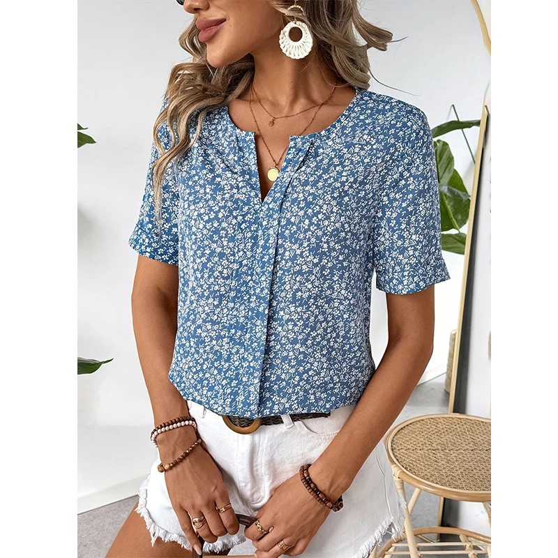 Women\'s Shirt V-neck small floral print Sweet small fresh short sleeve chiffon shirt top Breathable summer polyester casual nobl