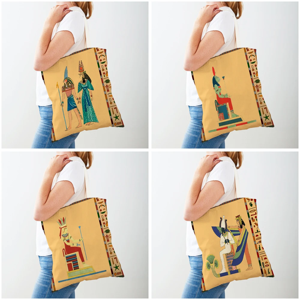 Bolsos de compras del faraón del tótem del Antiguo Egipto, bolso de compras de lona informal, bolsos de mano de viaje reutilizables de dibujos animados de Anubis para mujer