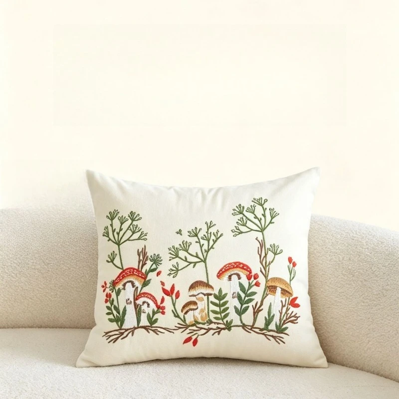 Modern Minimalist Style Single-sided Pillowcase Mushroom Embroidery Polyester Cotton Material American Style Sofa Cushion Cover