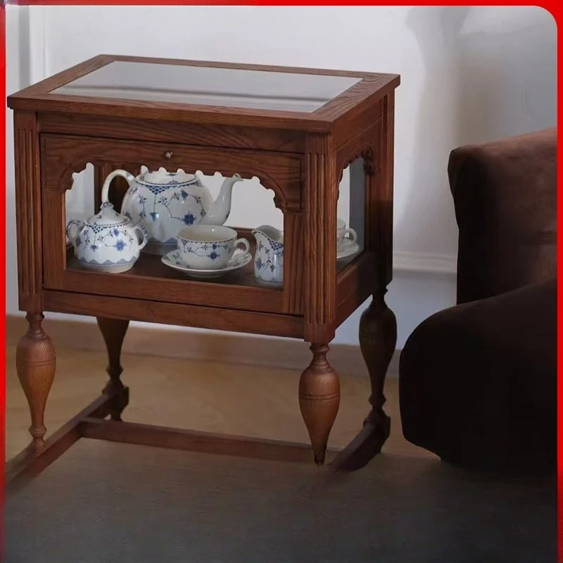 American rural solid wood edge and corner European retro carved bedside table