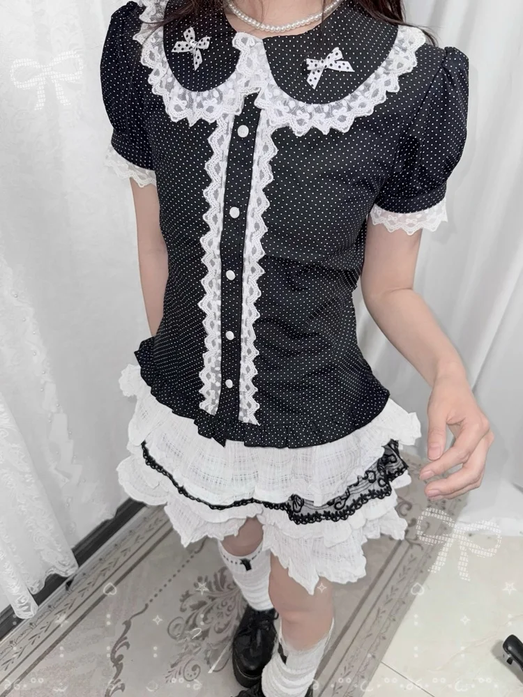 

Casper970 Retro Original Lace Polka Dot Bubble Sve Slim Fit ort Sve irt Women's Faion Summer Casual Blouse