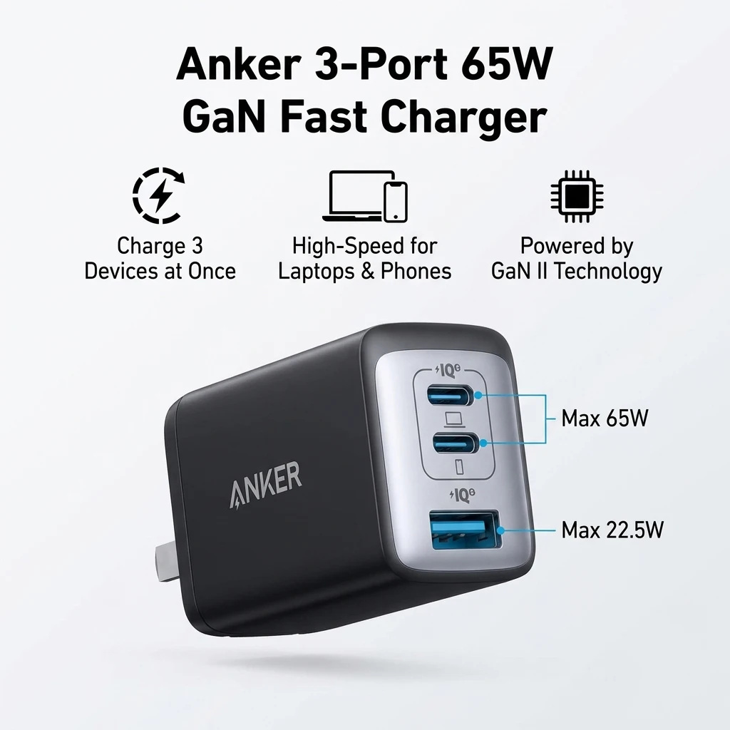 Anker 735 Nano II 65W GaN Fast Charger PD 3 Port Wall Power Adapter USB-C USB-A Charger For Laptop MacBook iPhone Android Tablet
