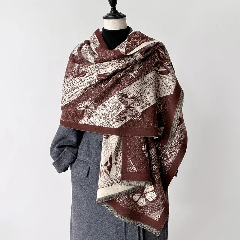 Fashion 2024 Korean Style New Arrival Butterfly Cashmere Scarf Retro Double-Sided Air-Conditioned Room Scarf Shawl Office Trendy