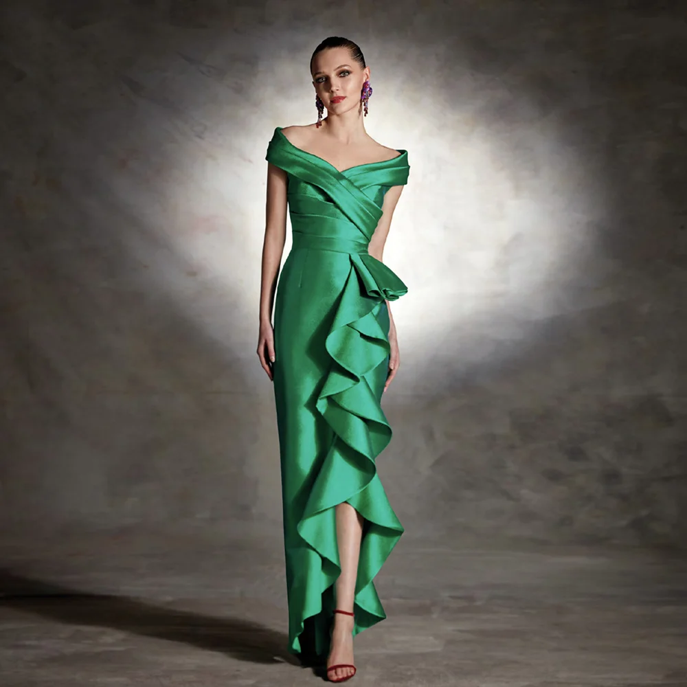 Elegant Green Mother of the Bride Dresses V Neck Satin Wedding Party Gowns Mermaid Ruffles Floor-Length Robe De Soirée Femme