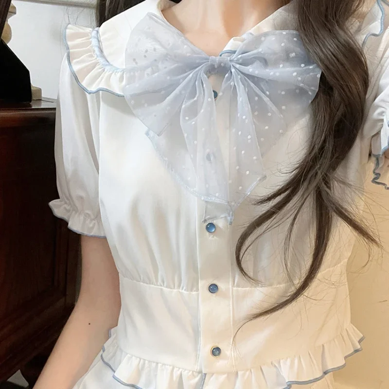 Japanese Original Design Lotus Leaf Collar Short Sleeves White Sweet Top Solid Color Waist and Thin A Line Mini Skirt Suit Girls