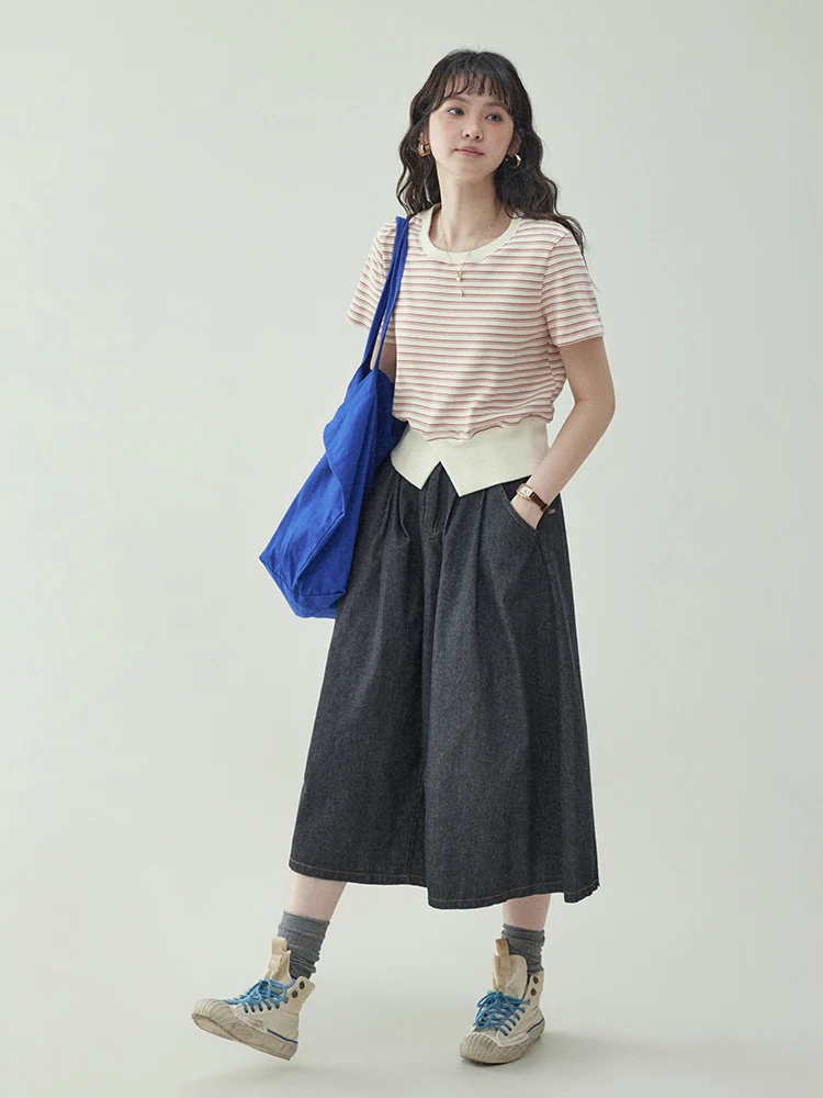 AMUU North Island Elastic Waist Denim Half Skirt Women's Summer New Pure Color A-Line Midi Skirt Korean Style Commute