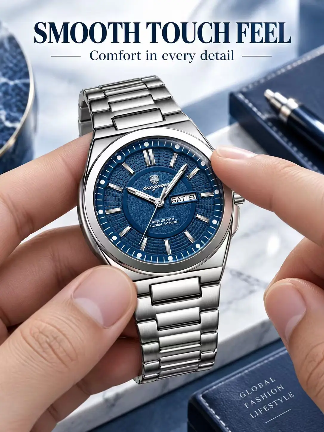 PAAZOMU Men Quartz Watch Luxury Gold Silver Stainless Steel Blue Dial Day Date Business Wristwatch Quartz Man Wristwatch Reloj