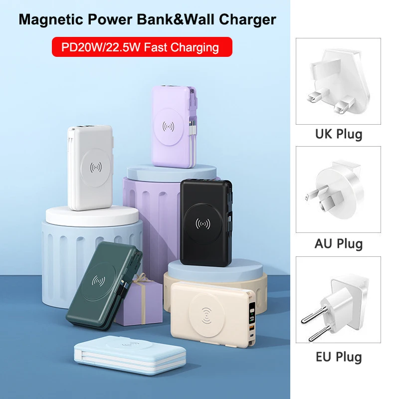 

20000mAh Magnetic Power Bank AC Wall Plug 22.5W Wireless Fast Charger Powerbank for iPhone 17 16 Samsung Xiaomi External Battery