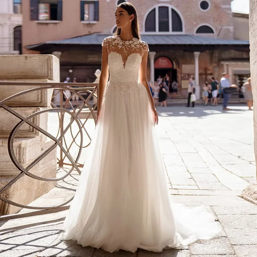 

Flavinke Customized Wedding Dresses 2025 for Bride Jewel Cap Sleeve Pearls Sweep Train Back Buttons Bridal Gown Vestido de novia