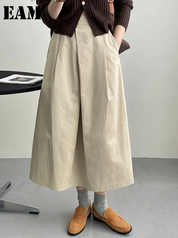 [EAM] High Waist Apricot A-line Irregular Pleated Elegant Half-body Skirt Women Fashion Tide New Spring Autumn 2024 1DH3802