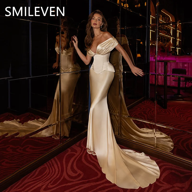 

Smileven Champagne Sexy Mermaid Backless Prom Dresses Off Shoulder V-Neck Formal Occasion Gown Birthday Gift 2025 Customized