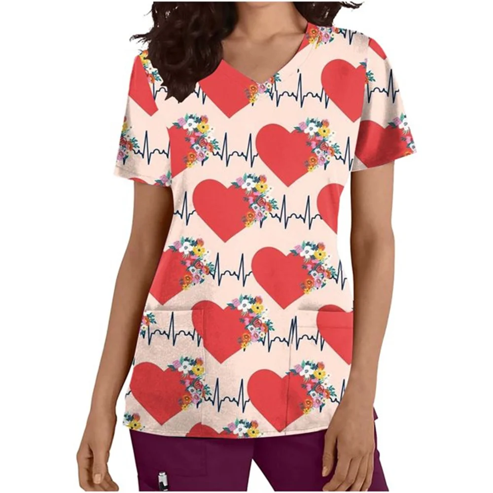 Uniforme d'infirmière de la Saint-Valentin pour femme, t-shirt à col en V à manches courtes, imprimé à la mode, uniforme de clinique de soins infirmiers PVD, grande taille