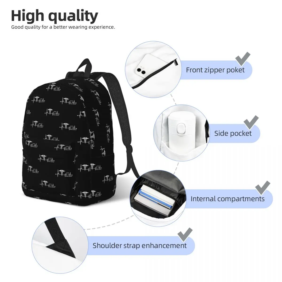 HEARTBEAT-escola estudante de medicina Bookbag, mochila lona branca, Medical Bookbag, Elementary High College Sports