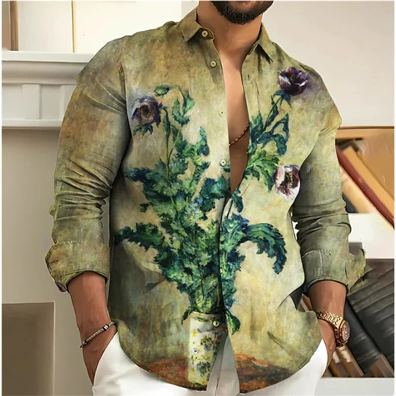 3D Floral HD Pattern Men\'s Shirt Lapel Single Breasted Long Sleeve Shirt Outdoor Street Fashion Clothing Designer Casual S-6XL