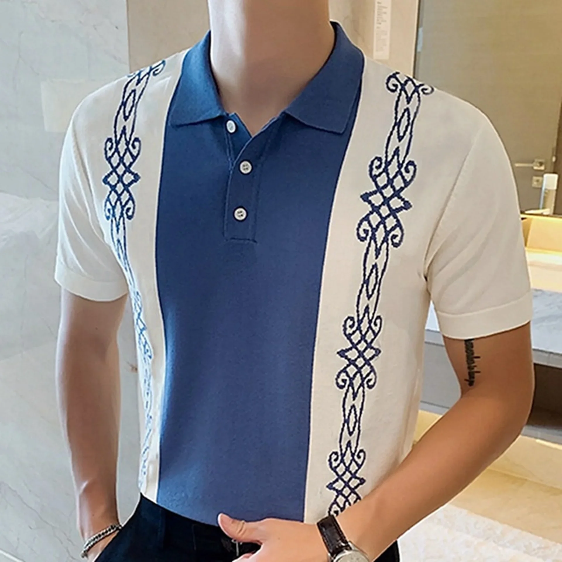 Mens Tops Ice Cool Silk Pullover Jacquard Knitwear Casual Contrast Business Polo Shirt for Men