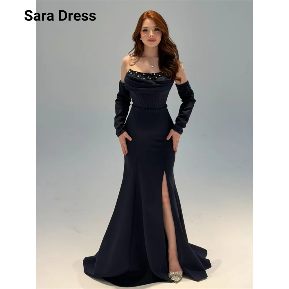 

Sara Custom Side Slit Fishtail Shoulder Rhinestones Evening Dresses Woman Elegant Womens Dresses for Luxury Party Prom Dress