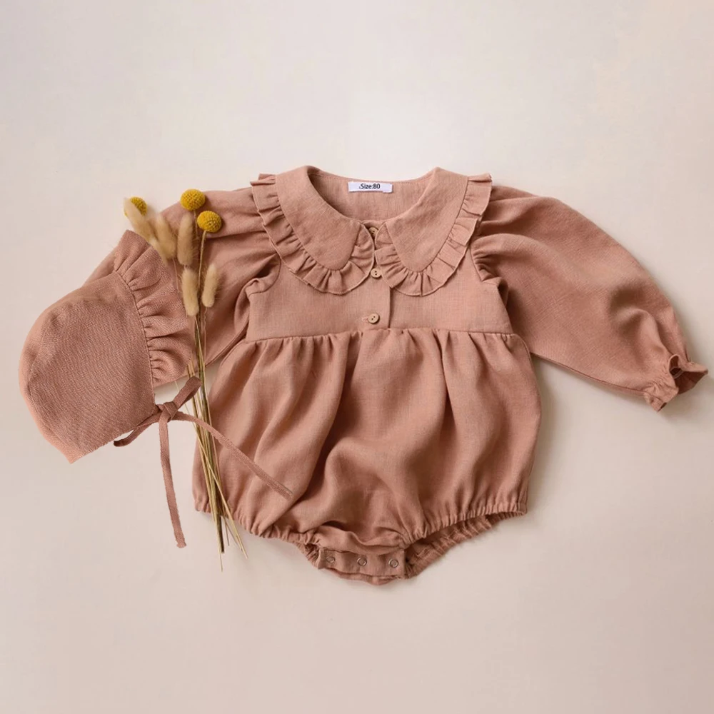 

2Pcs Baby Girl Bodysuits for Spring Cotton Solid Color Jumpsuit with Hat Cute Infant Girl Clothing