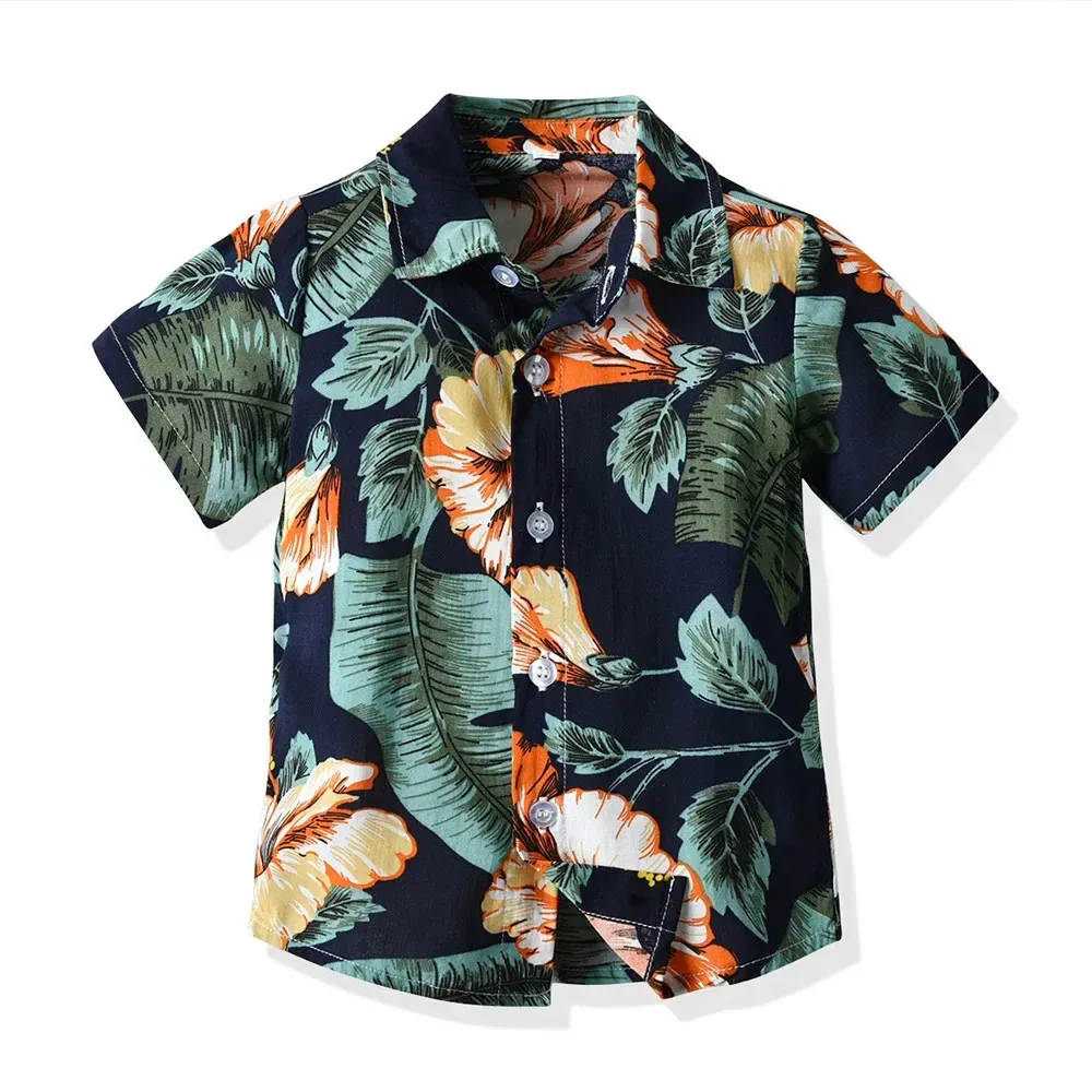 Summer Seaside Holiday Top Shirts Beach Style Short-Sleeved Flower Coconut Treeprinting Tops Shirt Children Clothes Girl